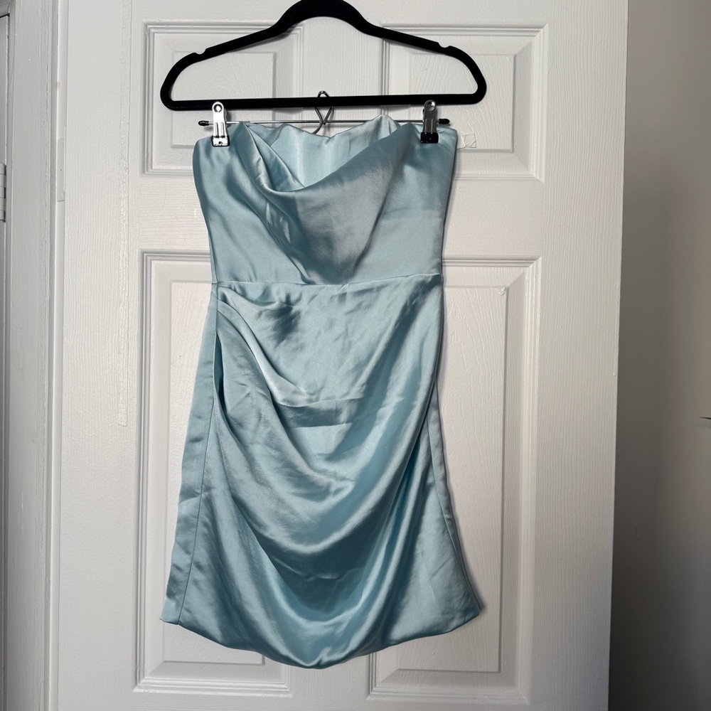 House of CB Light Blue Strapless Satin Mini Dress